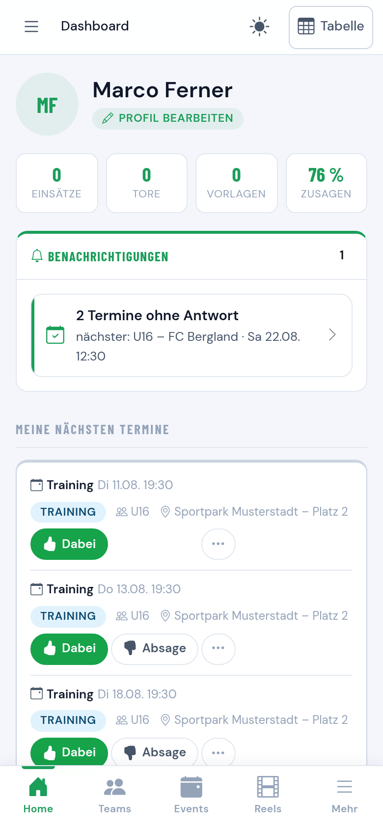 Spieler-Startseite mit Kennzahlen, Hinweisen und den nächsten Terminen