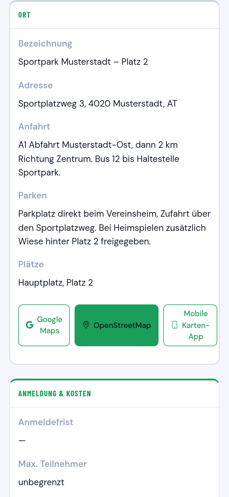 Detailseite eines Termins mit Ort, Karte, Anfahrts- und Parkhinweis