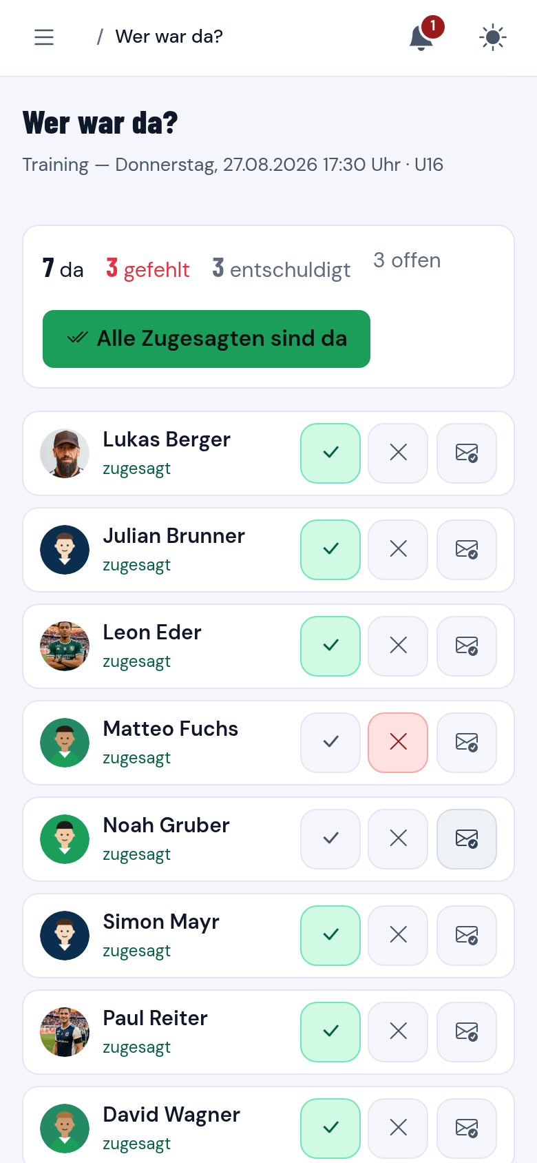 Anwesenheitsliste eines Trainings mit anwesend, gefehlt und entschuldigt