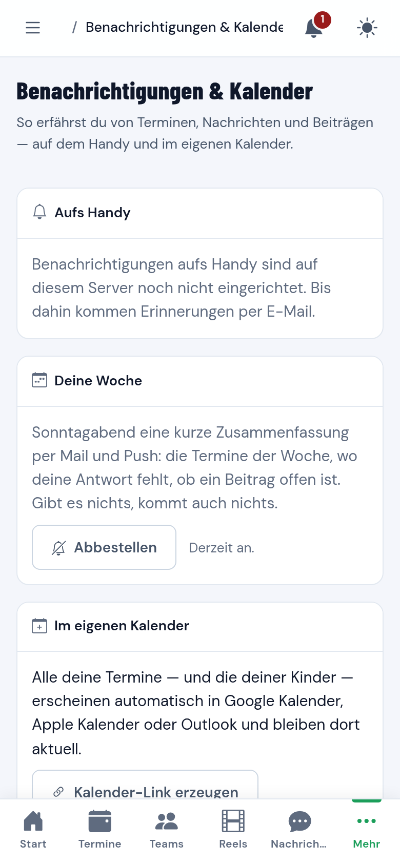 Einstellungen für Push-Benachrichtigungen und das Kalender-Abo