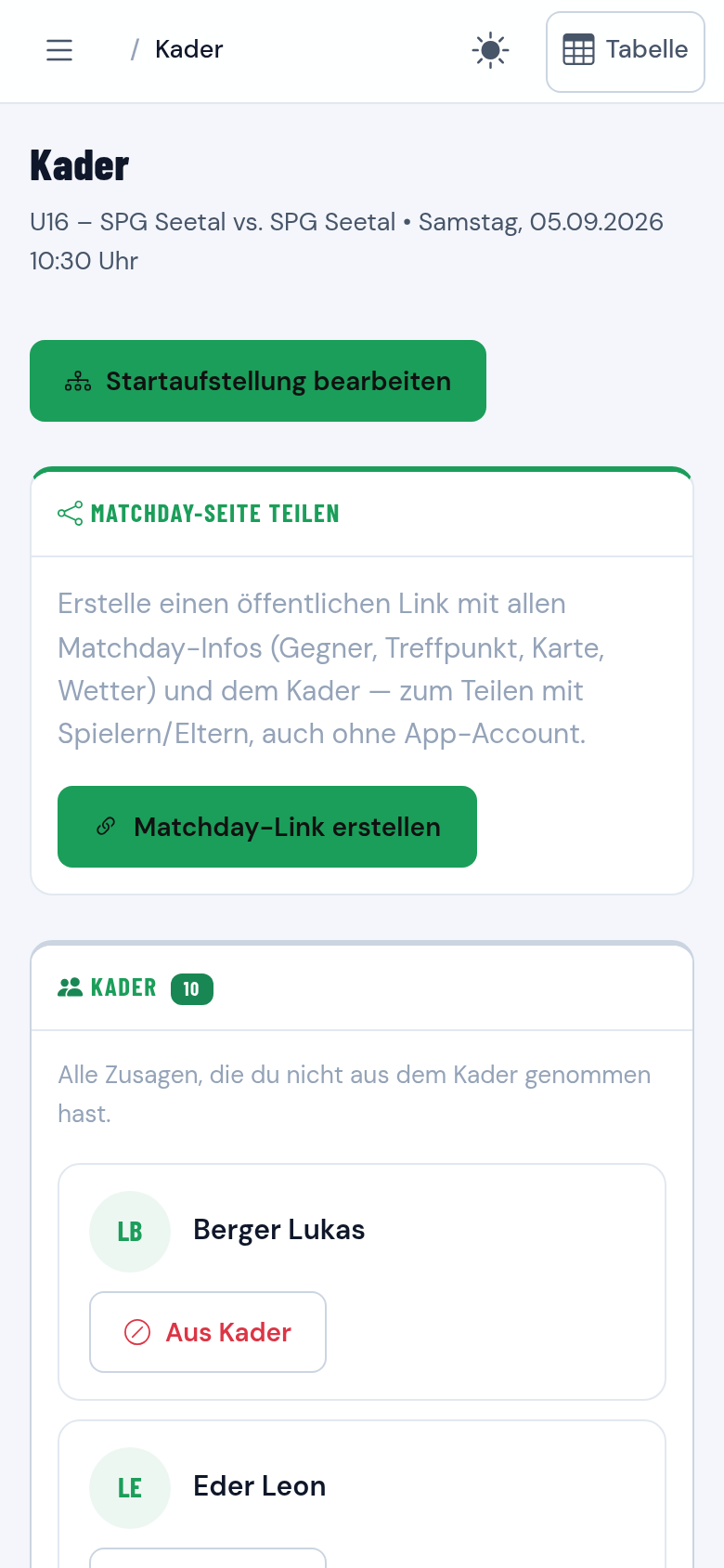 Kaderverwaltung für ein Spiel mit Zusagen und Nominierung