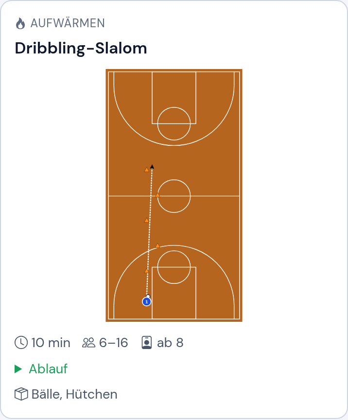Übungskarte aus der Basketball-Bibliothek mit automatisch gezeichneter Skizze auf dem Basketball-Spielfeld