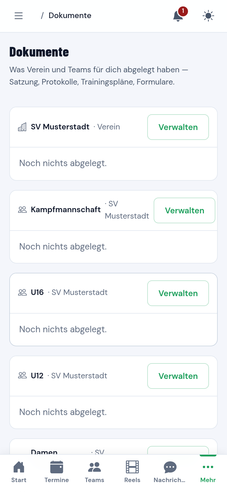Übersicht der Dokumentbereiche eines Vereins