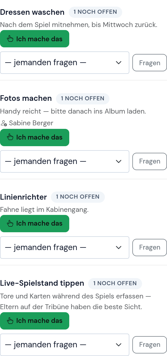 Helfer-Aufrufe an einem Spieltermin mit offenen Plätzen und einer Zusage