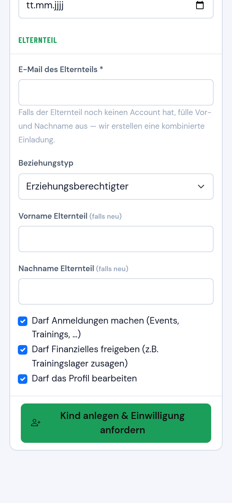 Eingabe des Elternteils mit E-Mail-Adresse und Beziehungstyp
