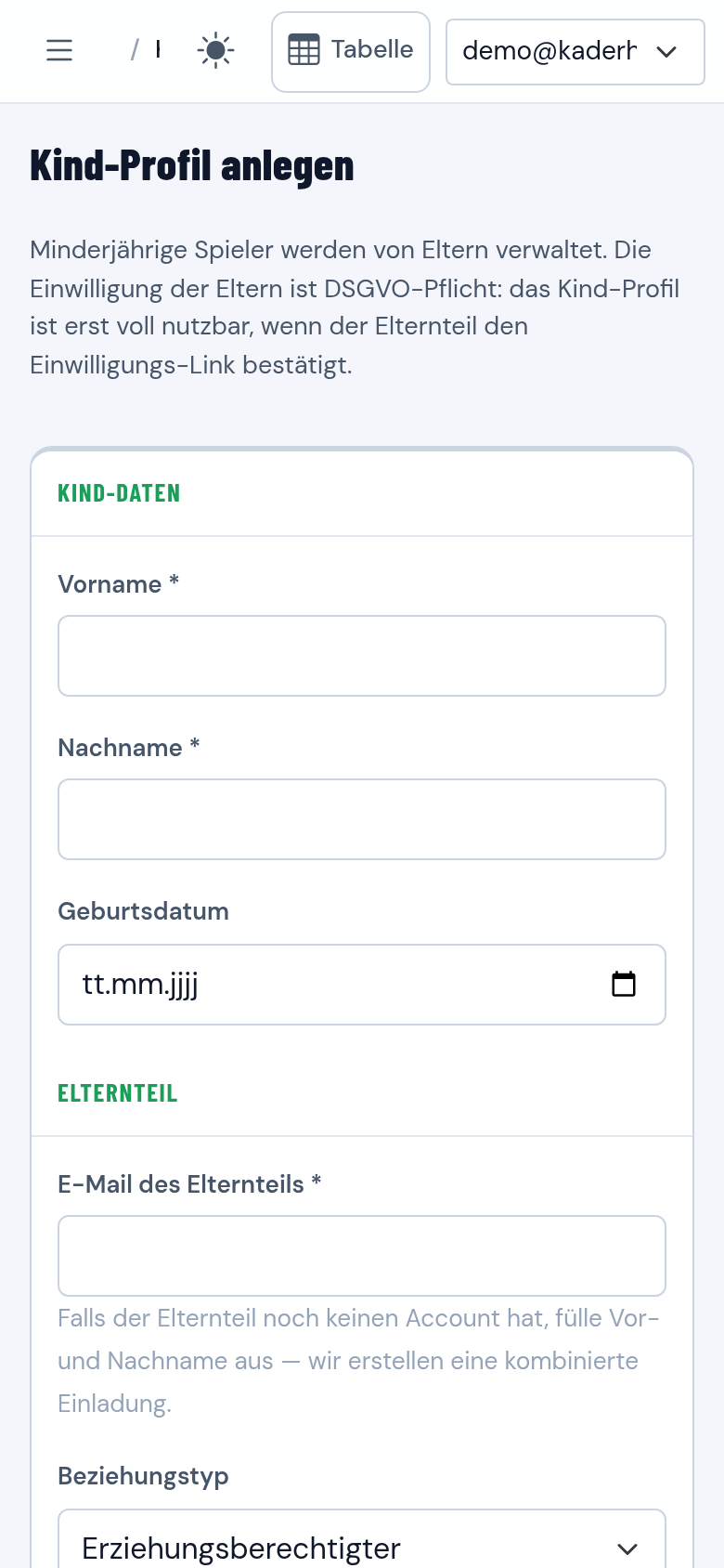 Formular zum Anlegen eines Kind-Profils ohne eigenen Zugang