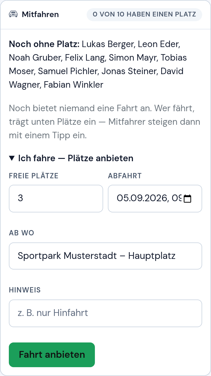 Fahrgemeinschaften am Termin mit Autos und offenen Plätzen