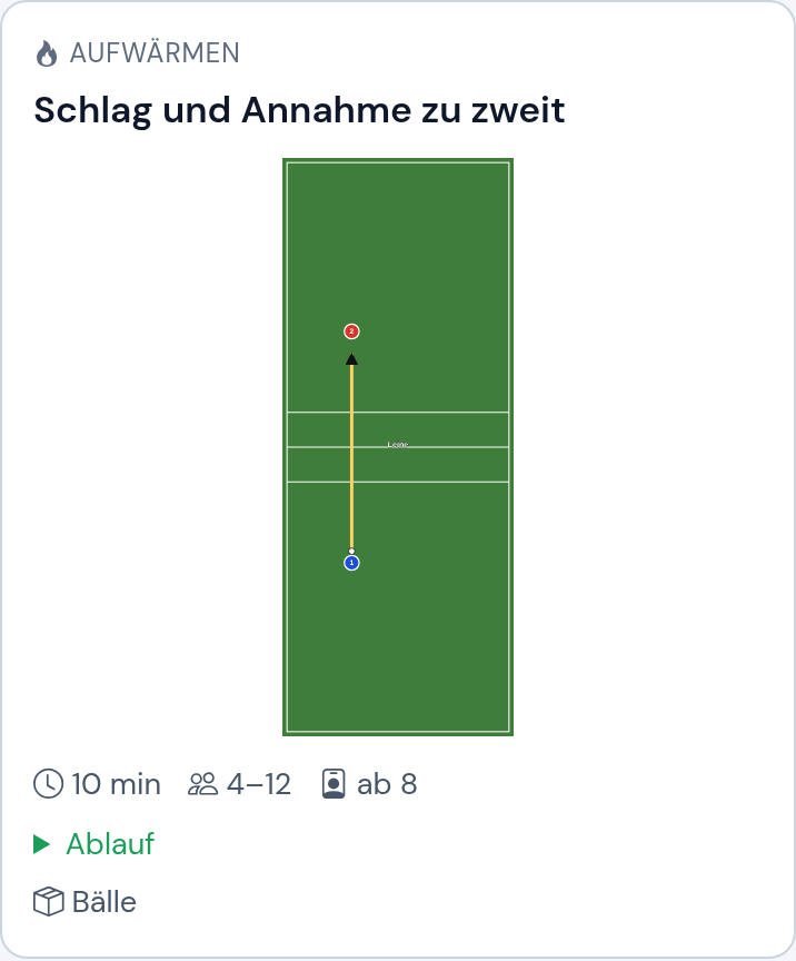 Übungskarte aus der Faustball-Bibliothek mit automatisch gezeichneter Skizze auf dem Faustball-Spielfeld