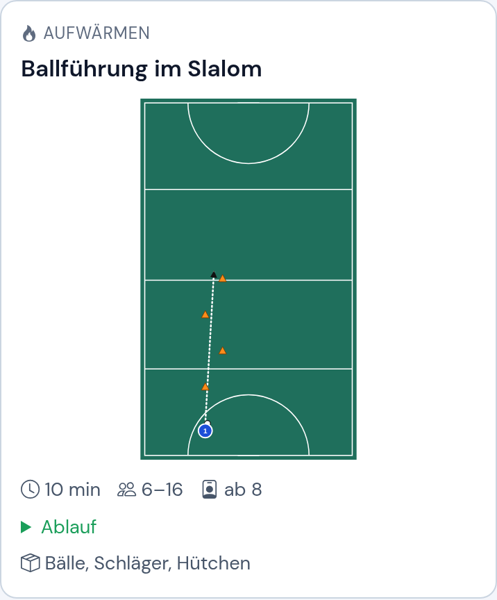 Übungskarte aus der Feldhockey-Bibliothek mit automatisch gezeichneter Skizze auf dem Feldhockey-Spielfeld