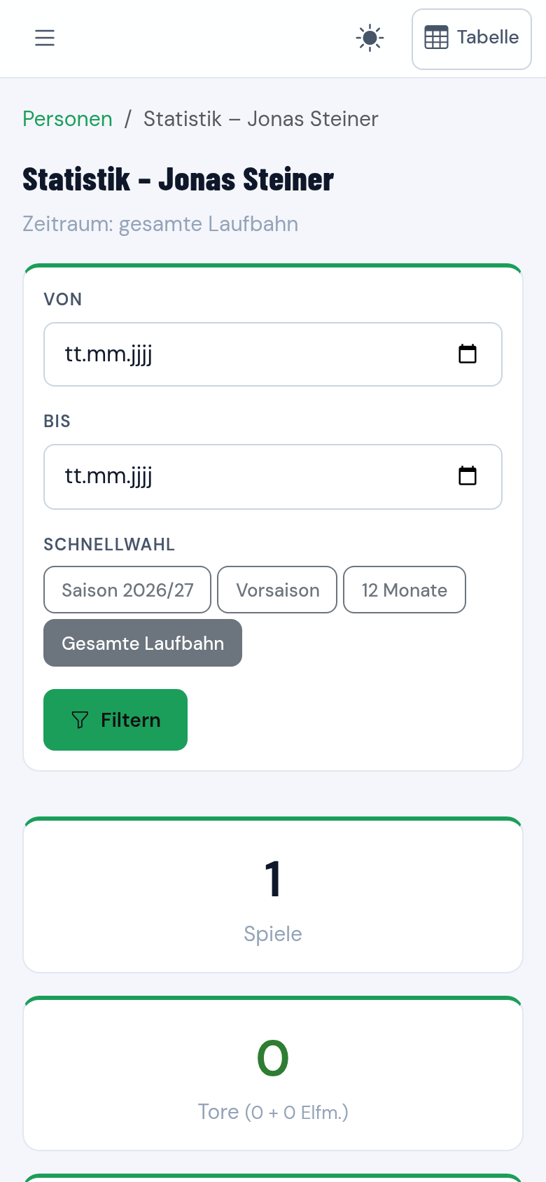 Spielerstatistik mit Einsätzen, Toren und Zeitraumfilter