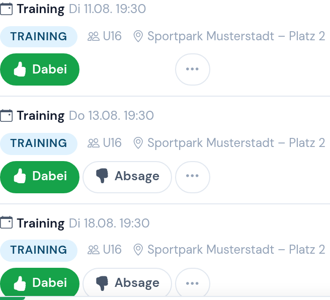 Terminliste mit Knöpfen zum Zu- und Absagen direkt in der Zeile