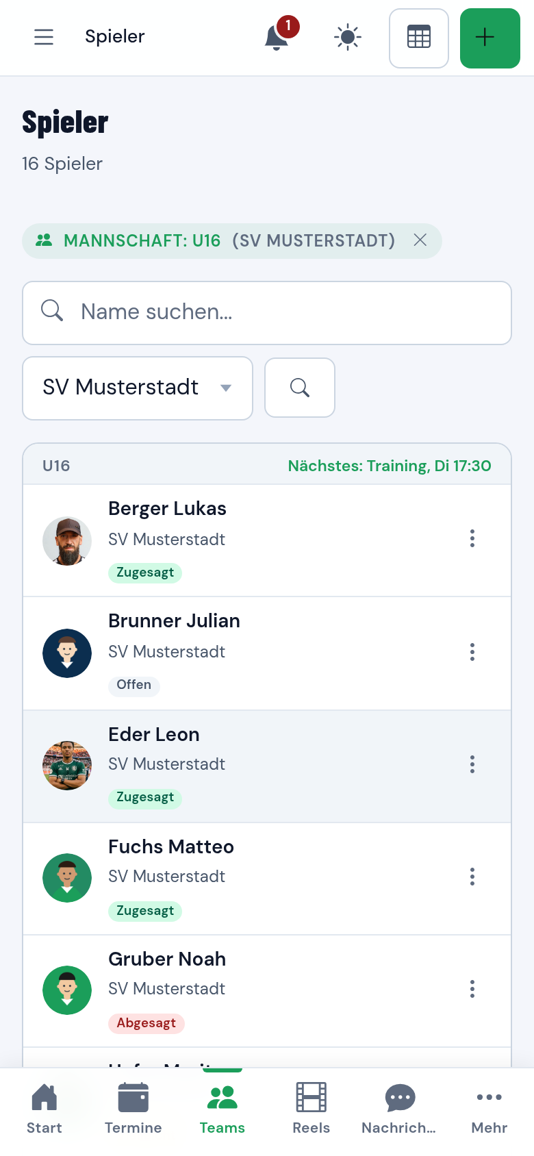 Kaderliste der Mannschaft U16 mit Rückennummern