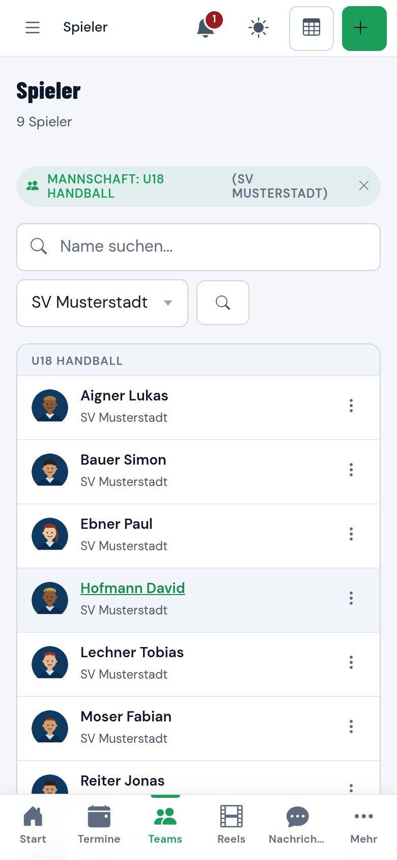 Kaderliste der Mannschaft U18 Handball mit Rückennummern