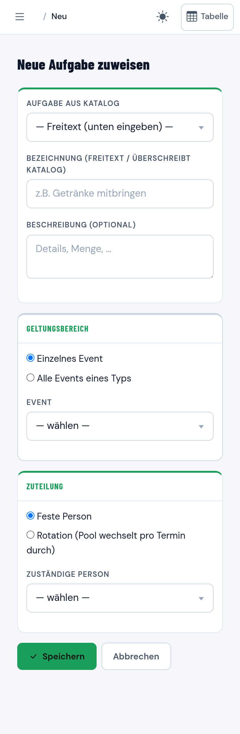 Formular zum Zuweisen einer Team-Aufgabe mit Auswahl zwischen fester Person und Rotation