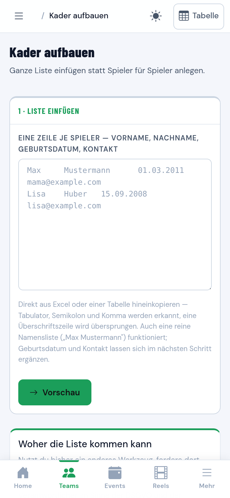 Eingabefeld, in das die vorhandene Kaderliste eingefügt wird