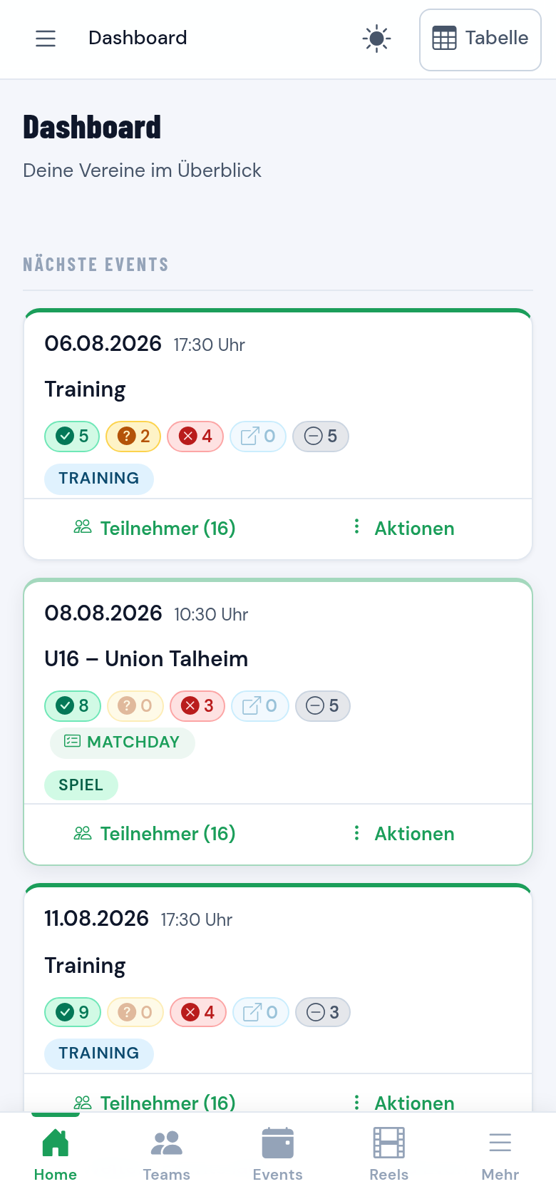 Trainer-Startseite mit den nächsten Terminen der Mannschaft