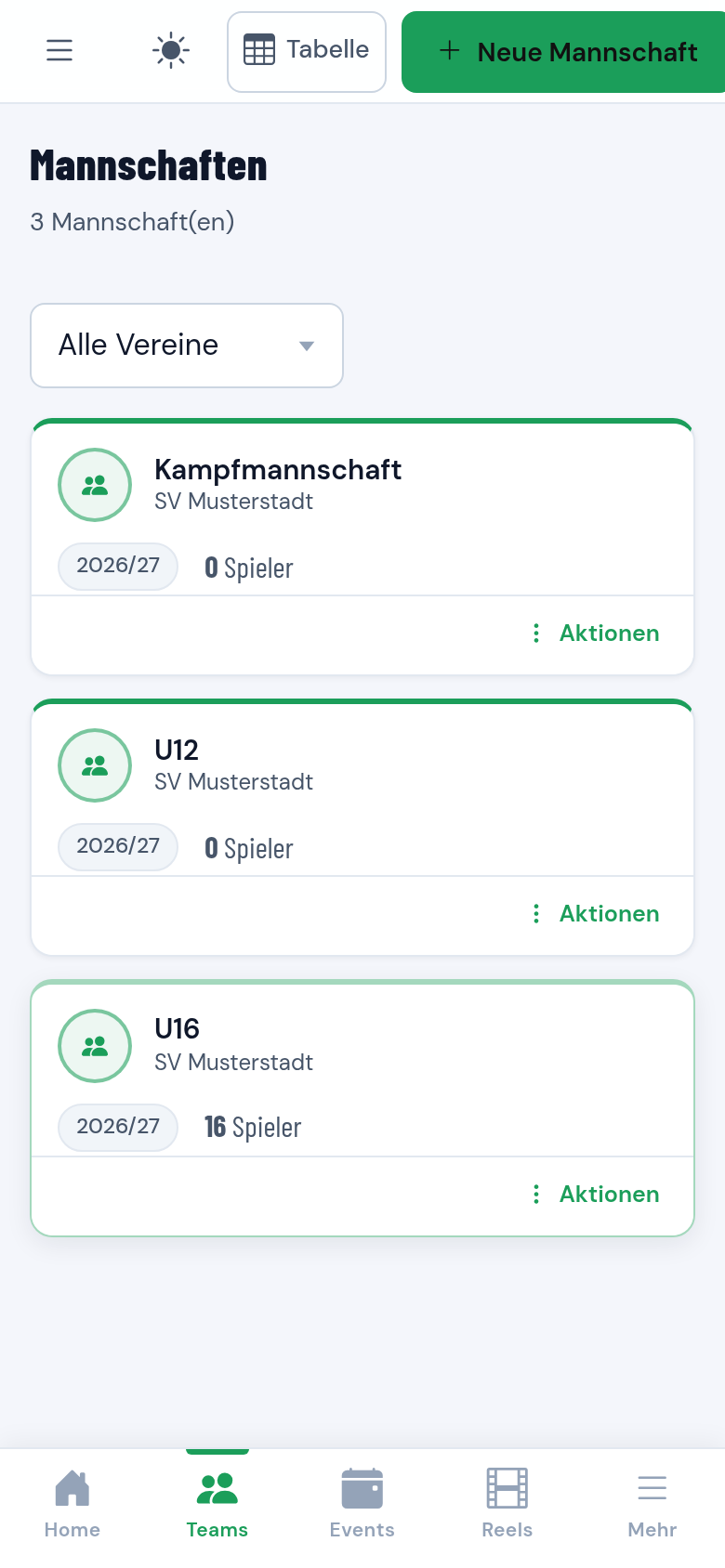 Mannschaftsübersicht des Vereins