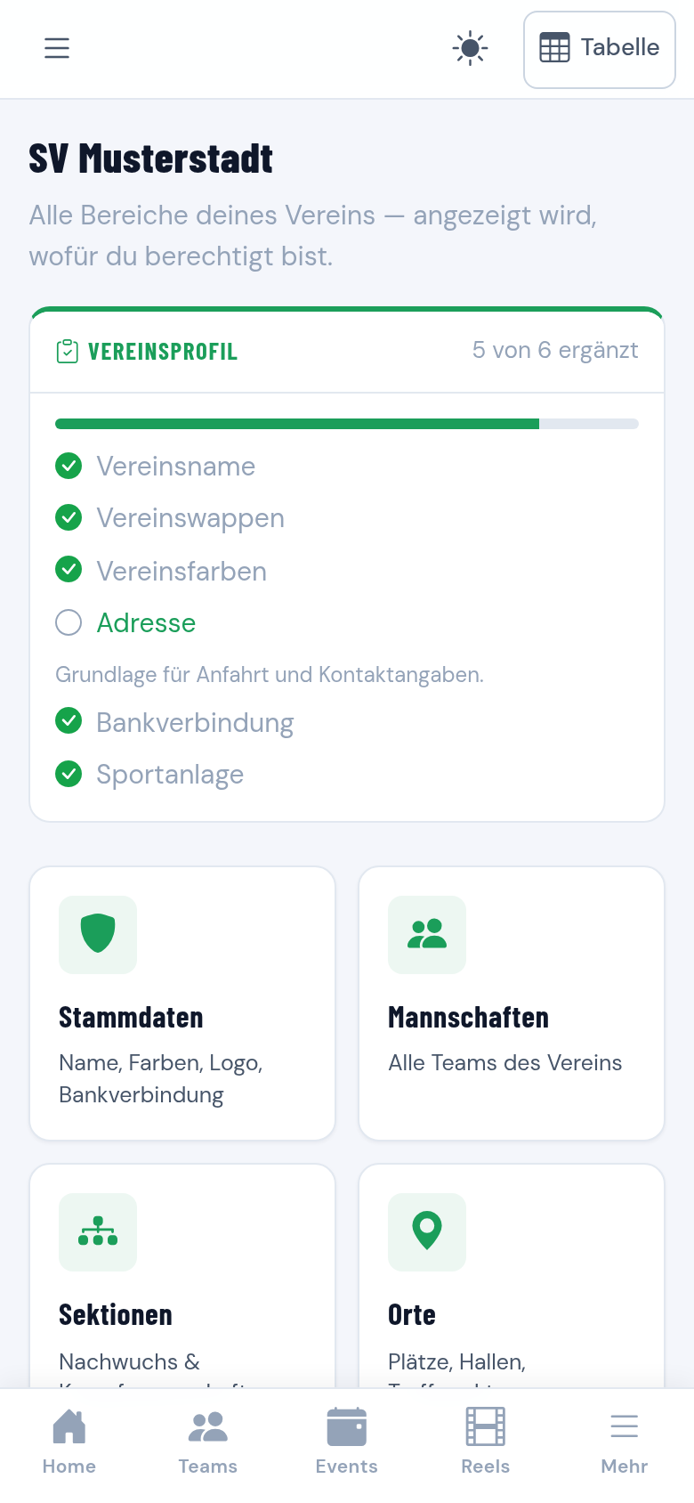 Vereinsübersicht mit Mannschaften und Kennzahlen