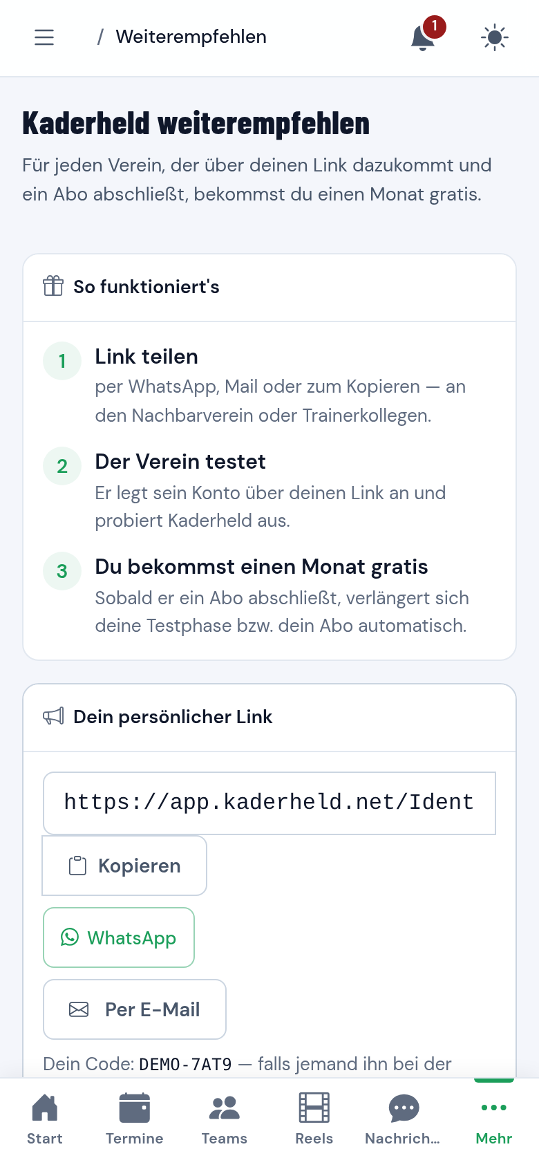 Empfehlungsseite mit persönlichem Link, Code und Zähler