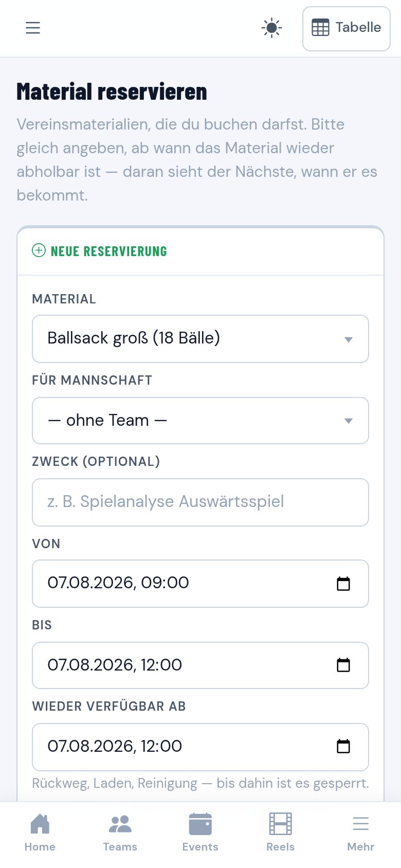 Liste der buchbaren Materialien mit eigenen Reservierungen