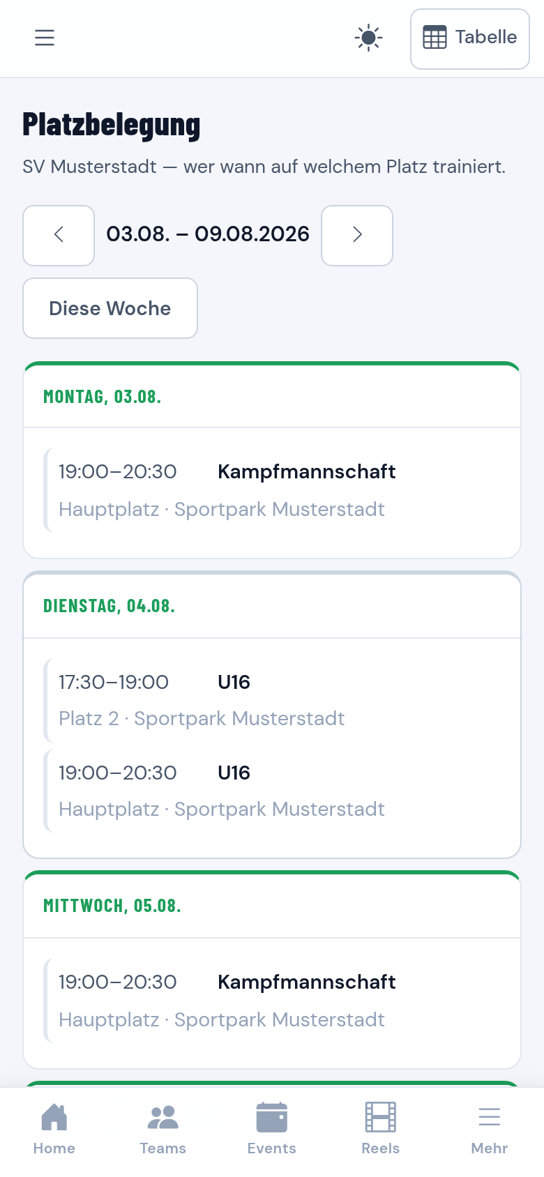 Tagesliste der Platzbelegung mit hervorgehobenen eigenen Terminen