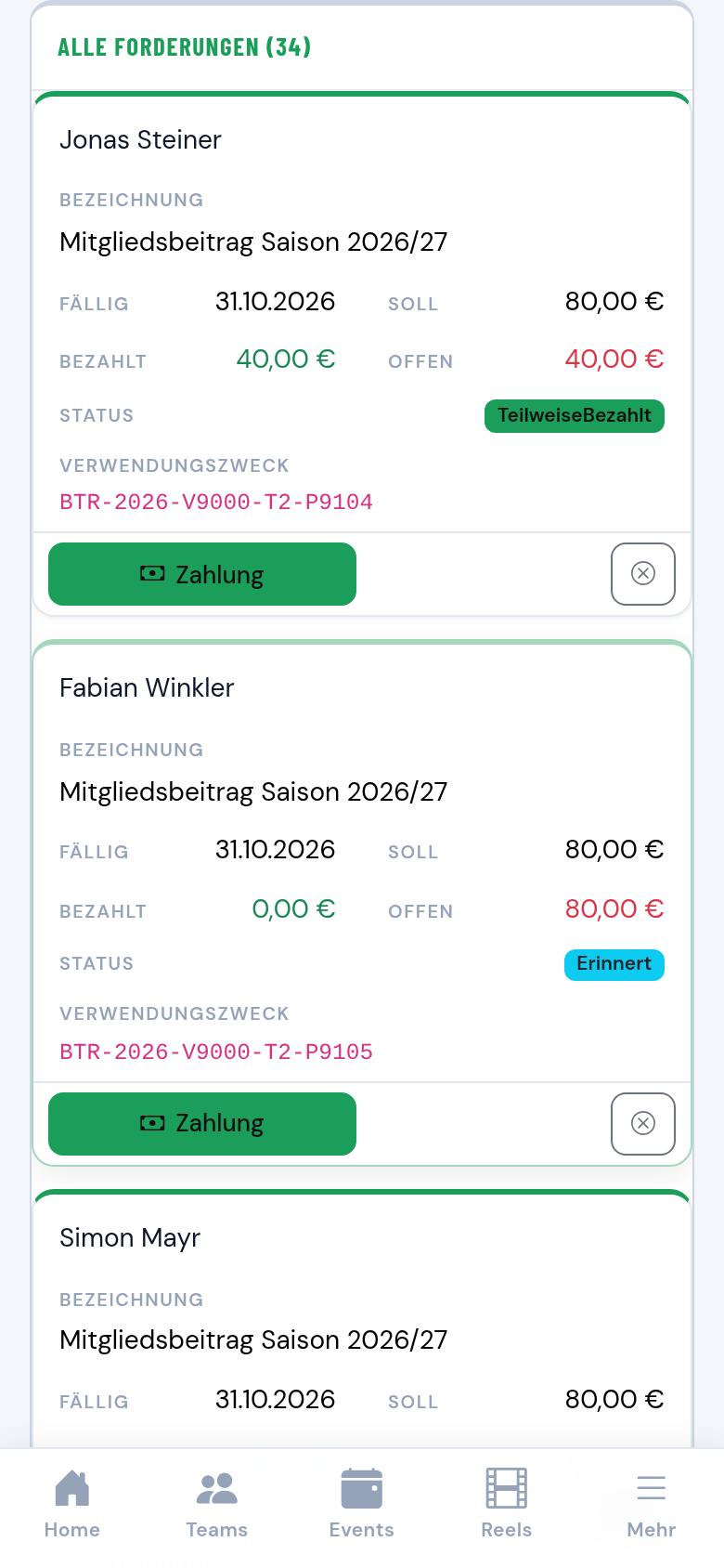 Forderungsliste mit Zahlungsstand