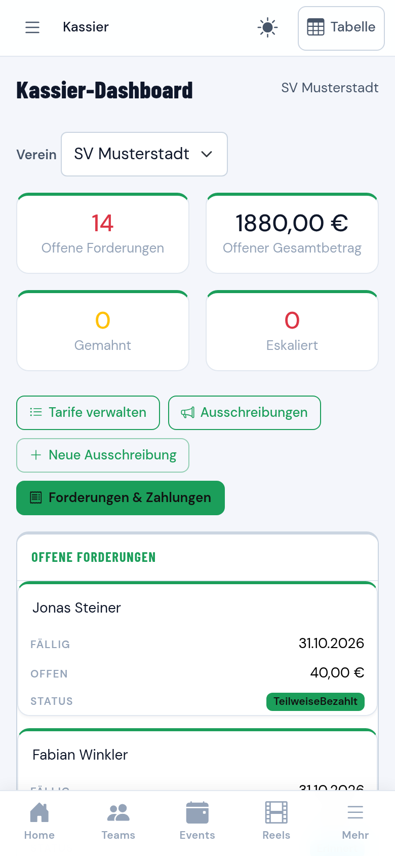 Kassier-Dashboard mit offenen Posten