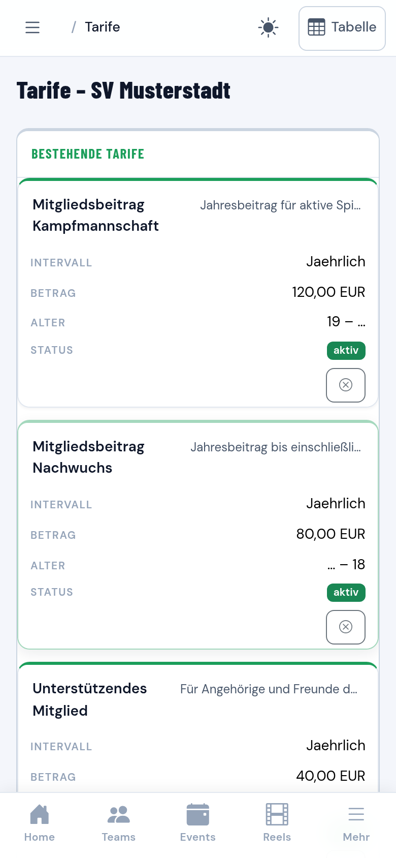 Beitragstarife des Vereins