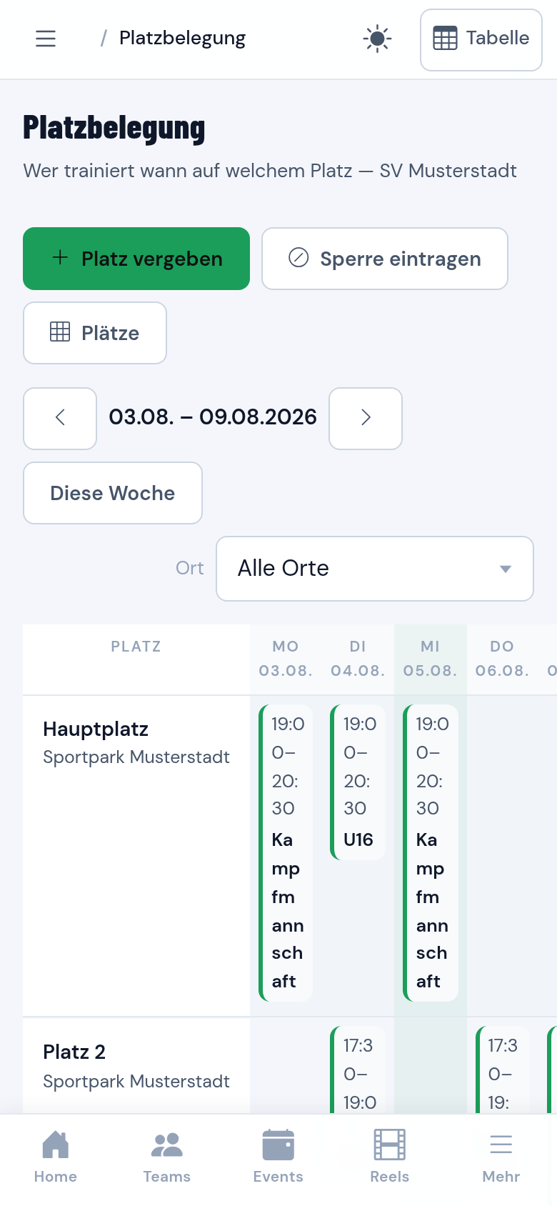 Platzbelegung mit Vergaben und Sperre
