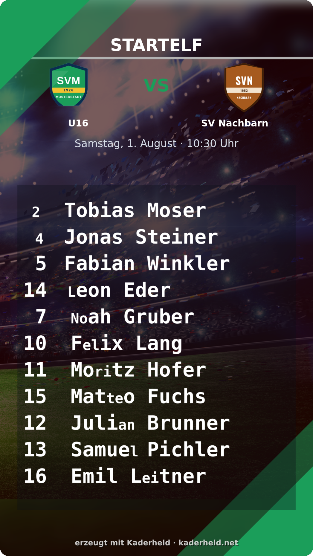 Startelf-Reel mit Formation, Trikotnummern und Namen