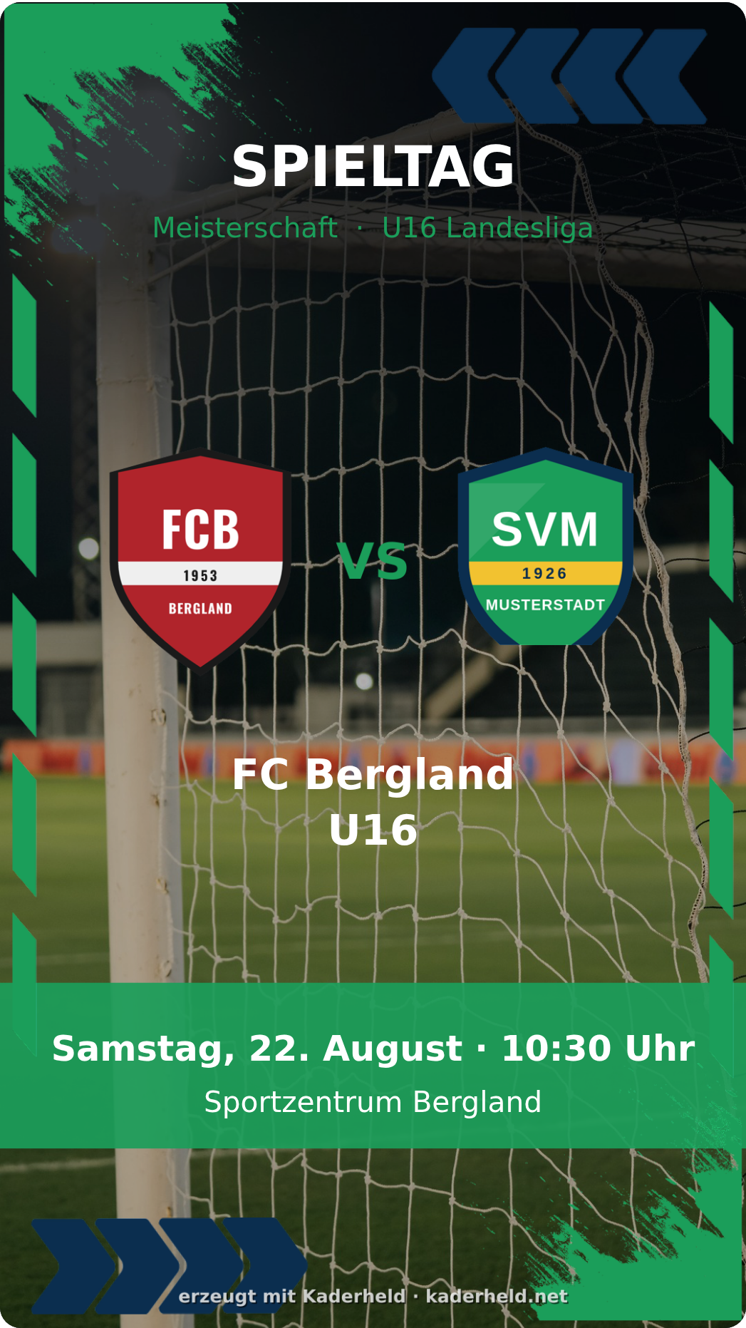Matchday-Reel mit beiden Vereinswappen, Anpfiffzeit und Spielort