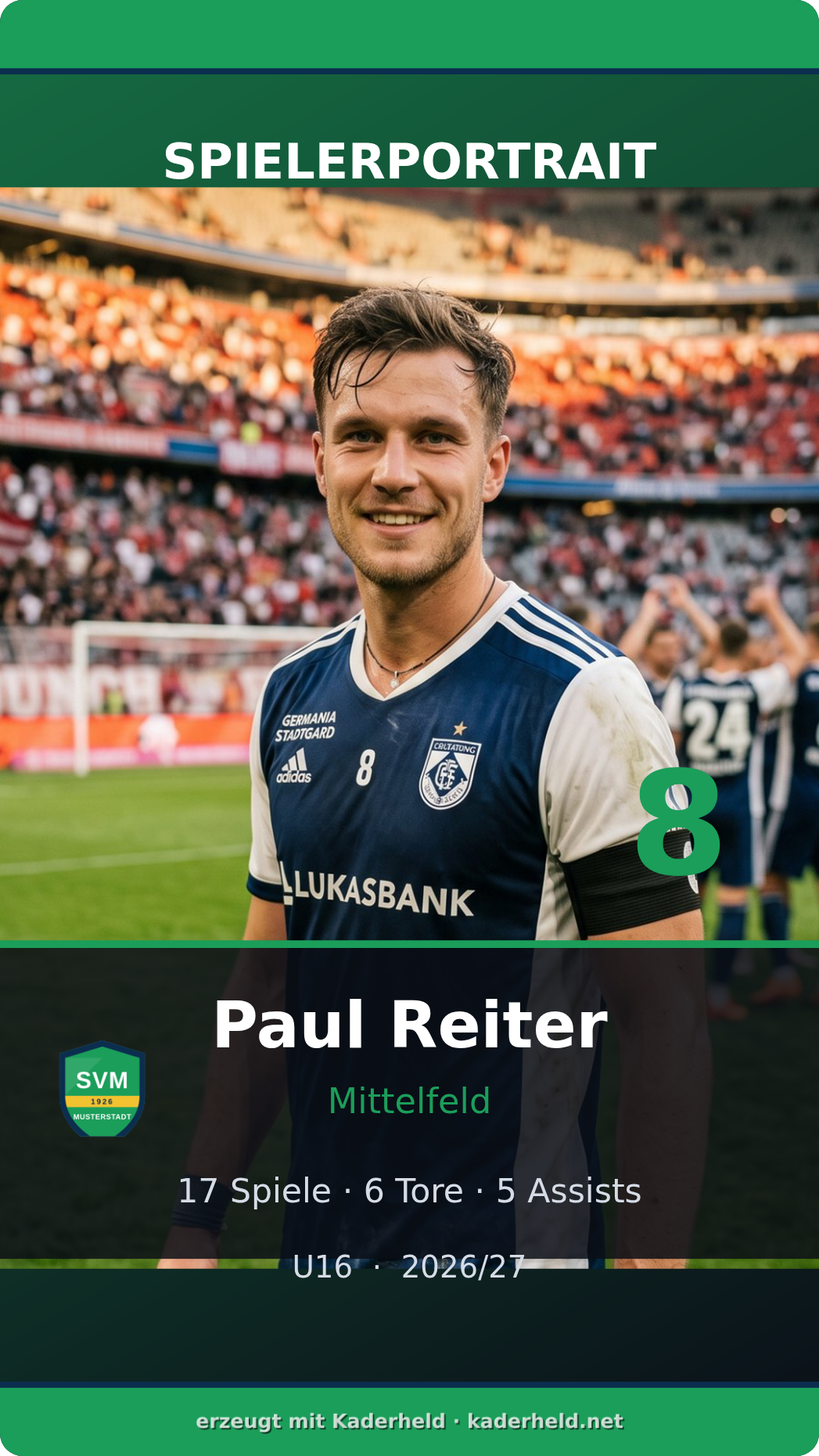 Spielervorstellungs-Reel mit Name, Nummer und Vereinswappen