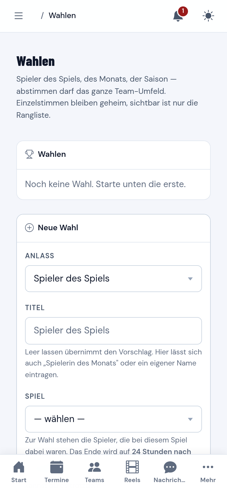Übersicht der Spielerwahlen einer Mannschaft