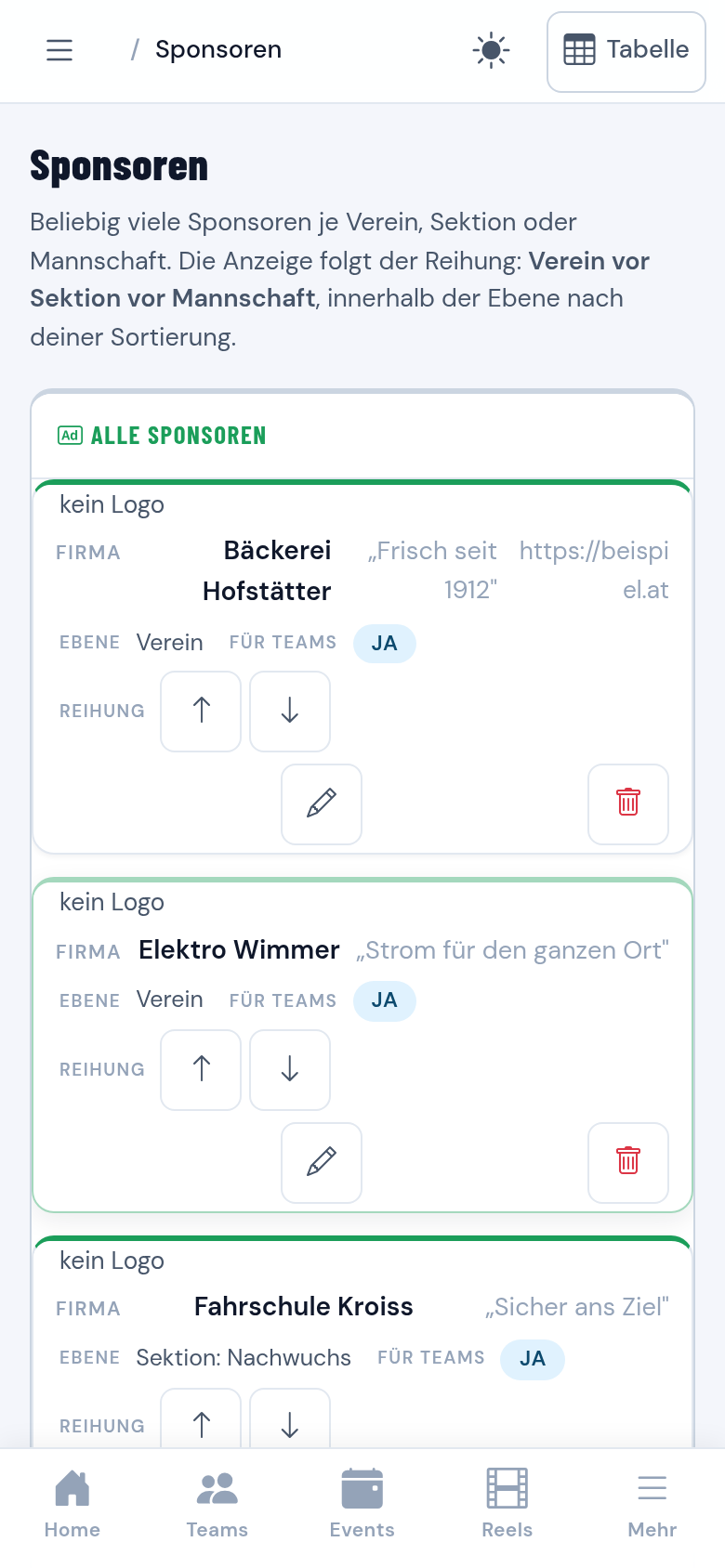 Sponsorenverwaltung des Vereins