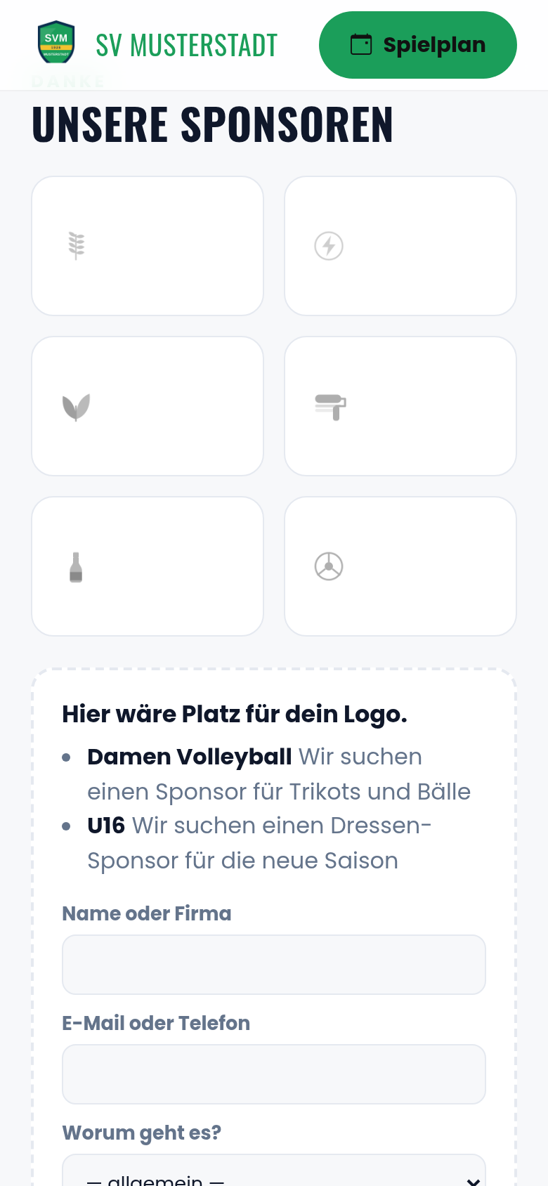 Sponsorenabschnitt der Vereinsseite mit den offenen Bedarfen der Teams