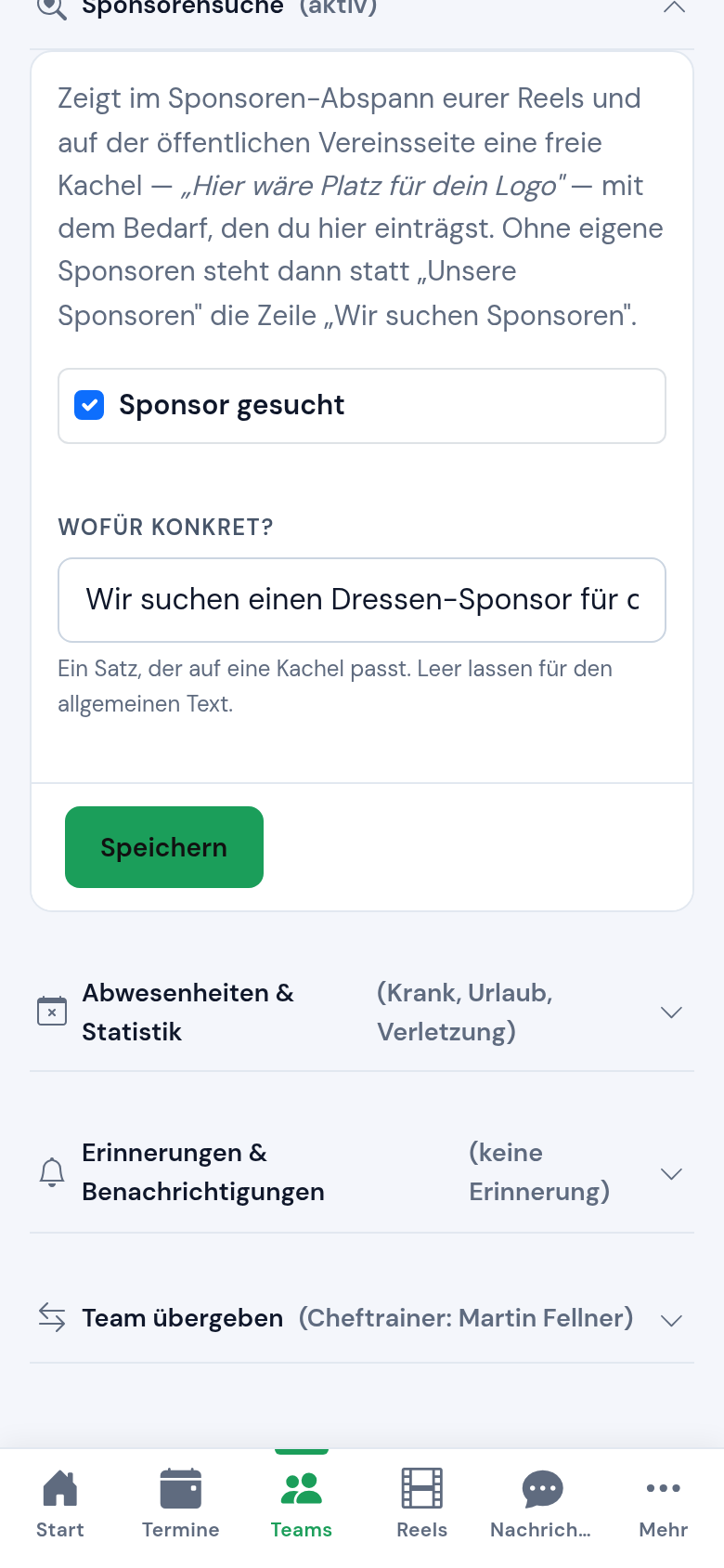 Karte Sponsorensuche in den Team-Einstellungen mit Bedarfstext