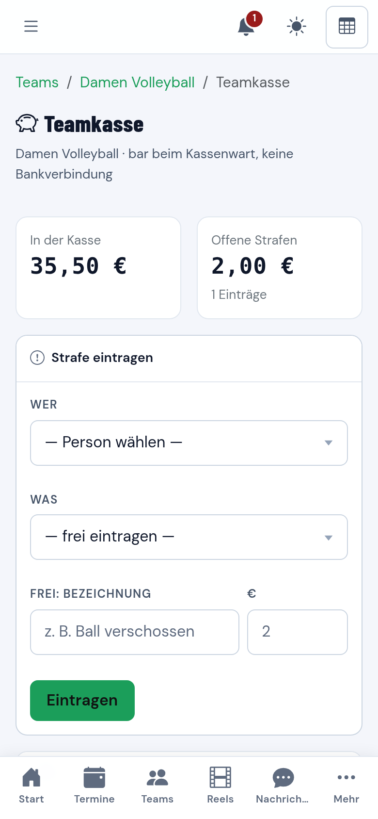Teamkasse mit Kassenstand und Strafenkatalog