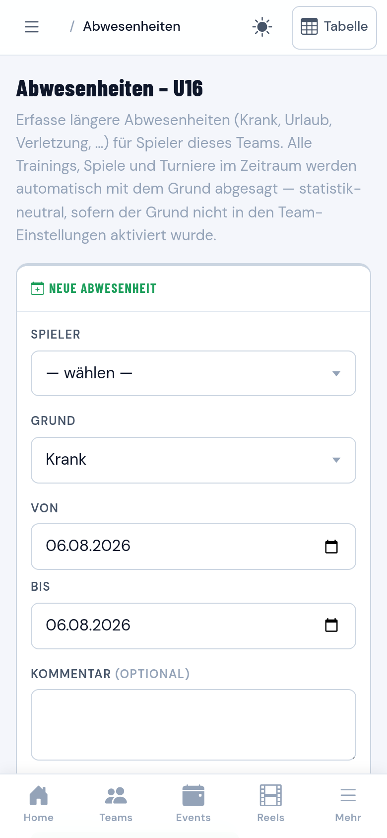 Formular für eine Abwesenheit über mehrere Wochen