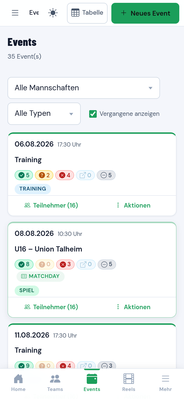Terminliste der Mannschaft mit Zu- und Absagen je Termin