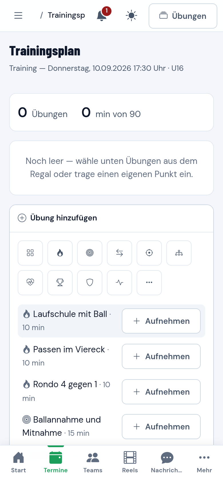 Trainingsplan mit Übungen und Minuten gegen die Termindauer
