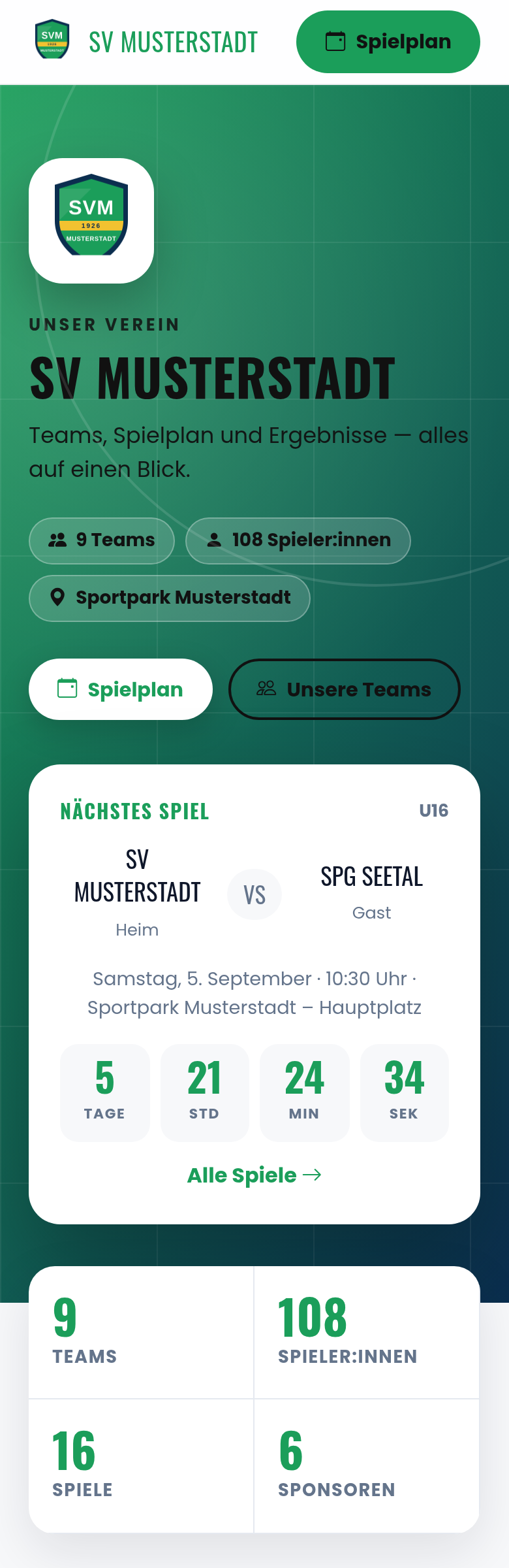 Öffentliche Vereinsseite des SV Musterstadt mit Bühne, Kennzahlen und Countdown zum nächsten Spiel