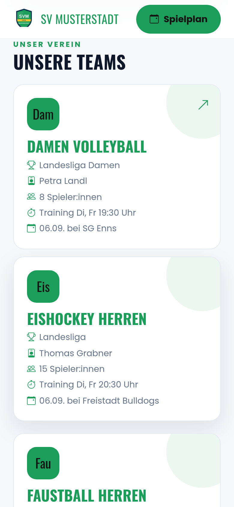 Abschnitt Unsere Teams auf der Vereinsseite mit Liga, Trainer, Kadergröße und Trainingszeiten