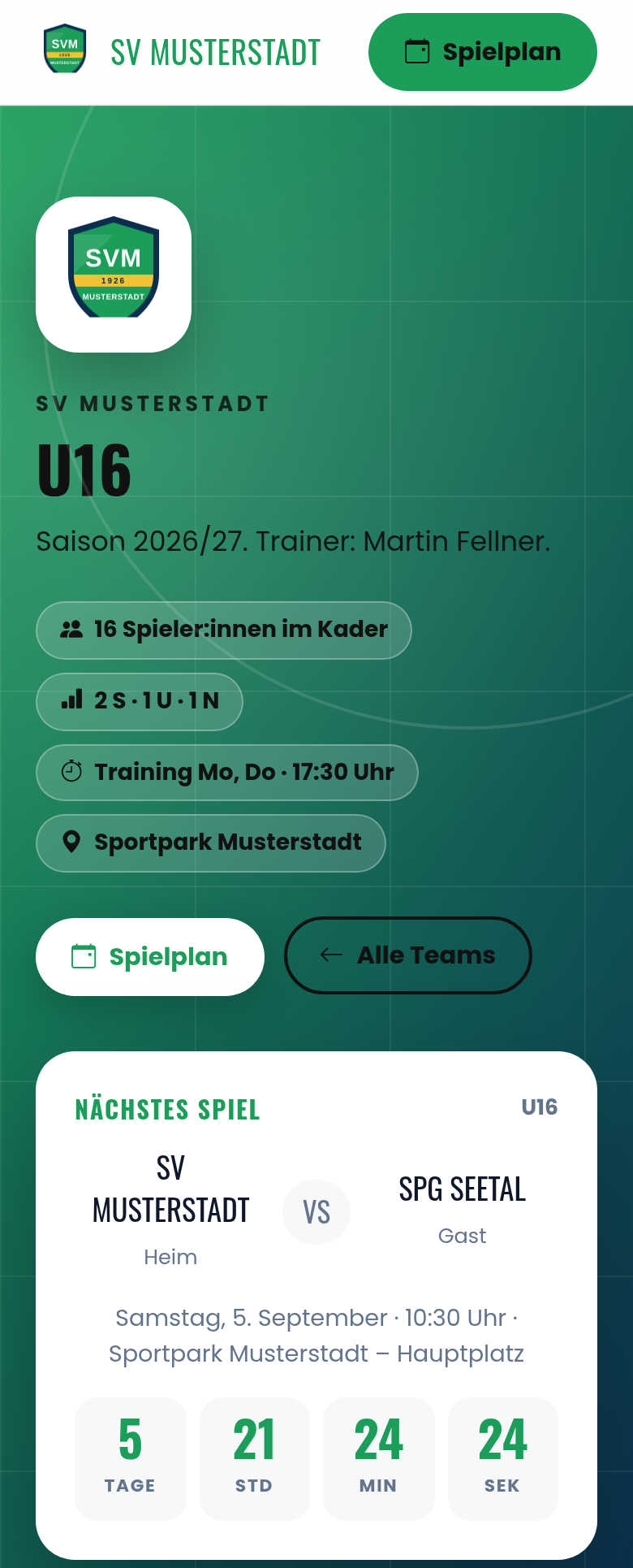 Teamseite der U16 mit Trainername, Kadergröße und Countdown