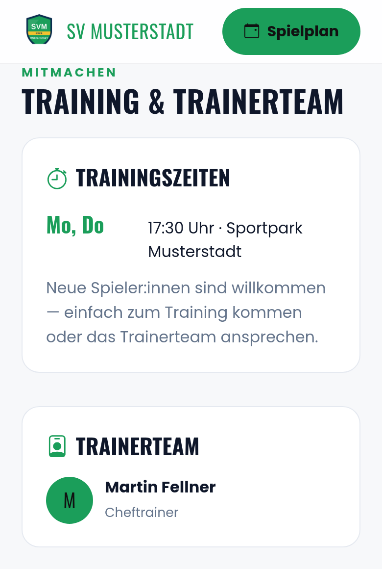 Abschnitt Training und Trainerteam auf der Teamseite mit Wochentagen, Uhrzeit und Ort