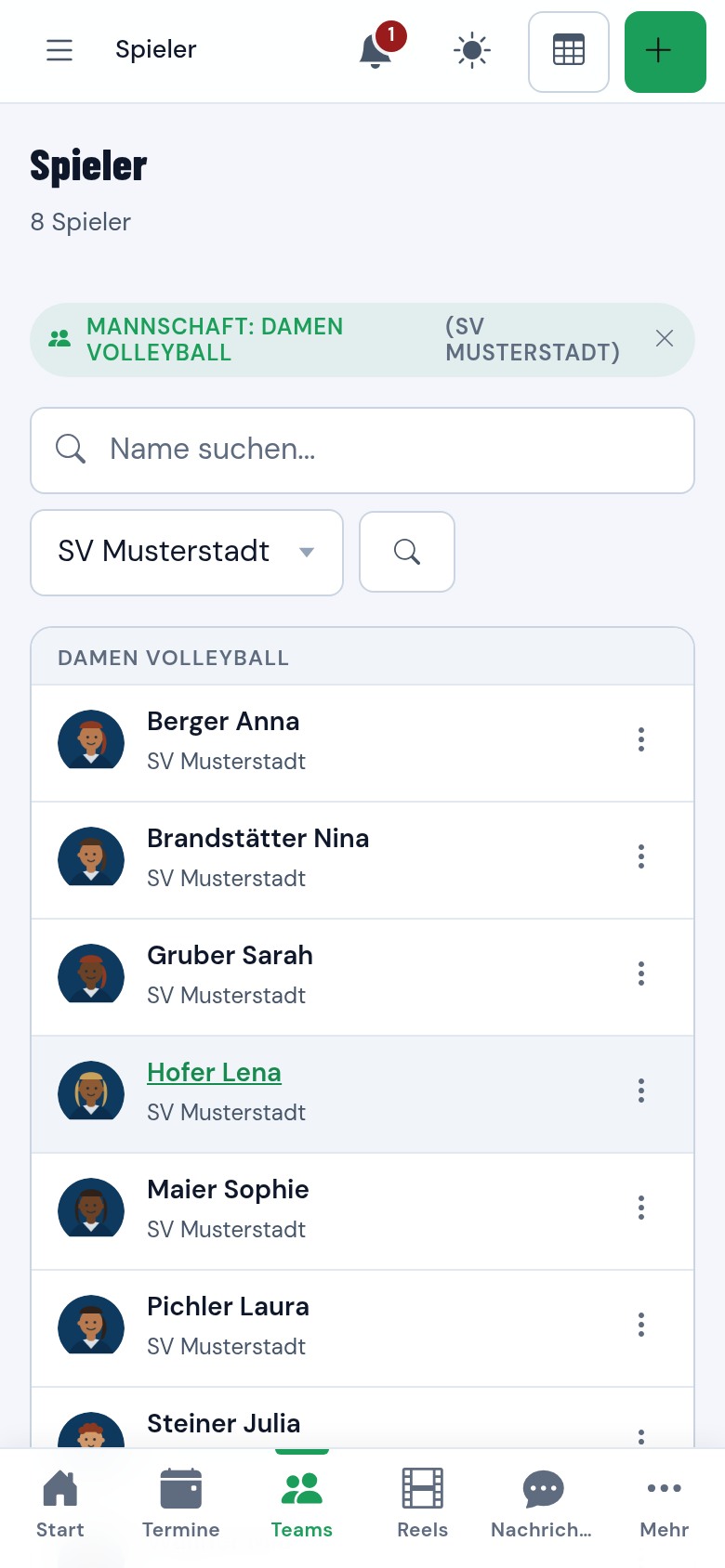 Kaderliste der Mannschaft Damen Volleyball mit Rückennummern